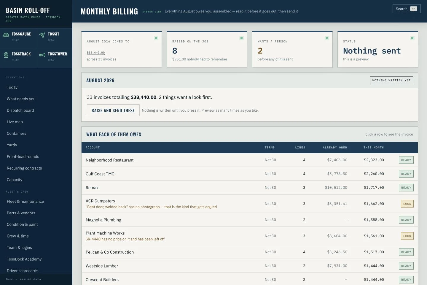 Actual billing workspace with demonstration records